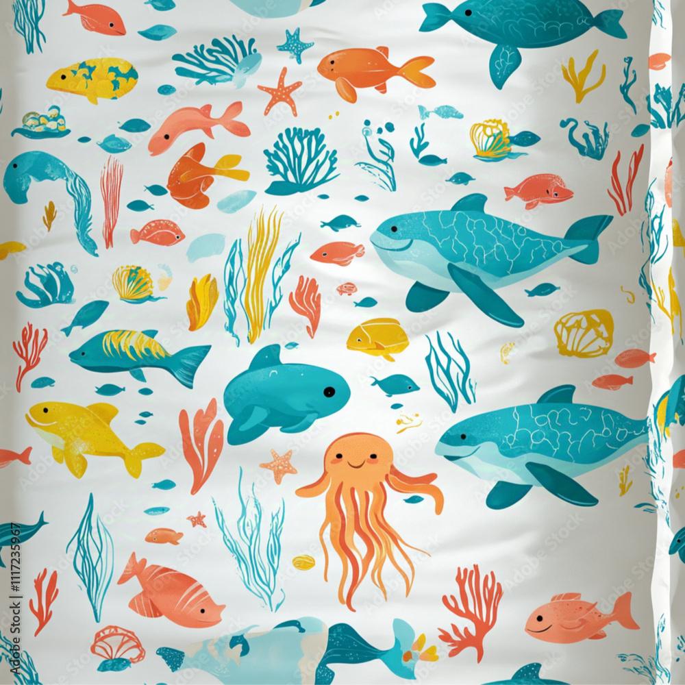 Naklejka premium a playful under the sea pattern for a kids featuring colorful marine life such as fish, turtles, octopuses, and friendly dolphins.