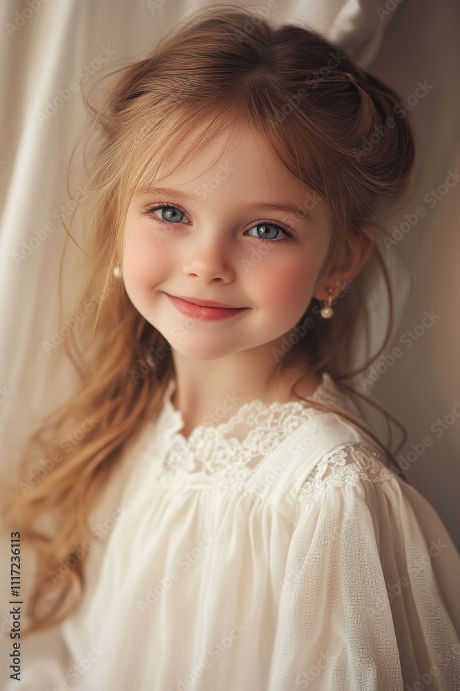 Portrait of a Charming Young Girl with Beautiful Long Hair and Soft Expression in a Delicate White Dress Set Against a Light Background Portrait of a Charming Young Girl with Beautiful Long Hair and Soft Expression in a Delicate White Dress Set Against a Light Background