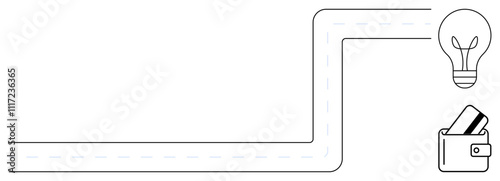 Lightbulb and wallet with cards connected by a pathway. Ideal for finance, innovation, planning, guidance, investment, personal finance, creativity. Line metaphor