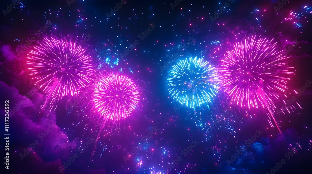 Vivid pink and blue fireworks exploding in night sky. Vivid pink and blue fireworks exploding in night sky.