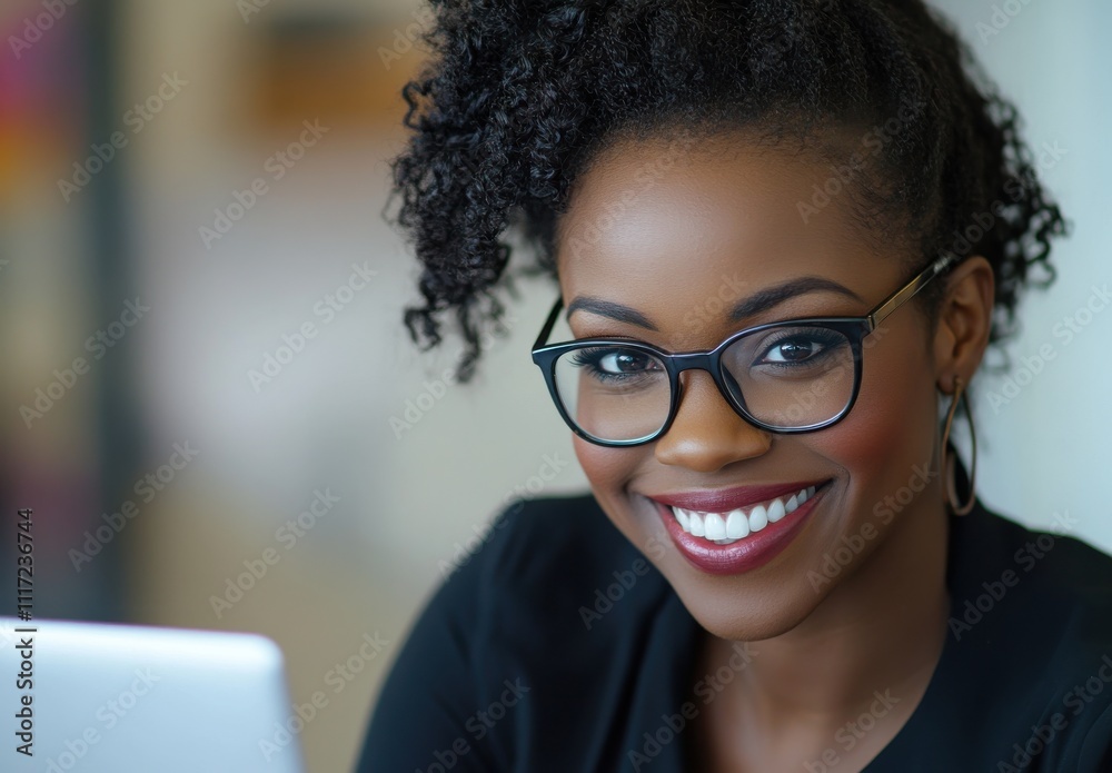 Professional woman with curly hair and glasses smiling while working on a laptop in a modern office setting, showcasing confidence and positivity in a casual workspace environment.