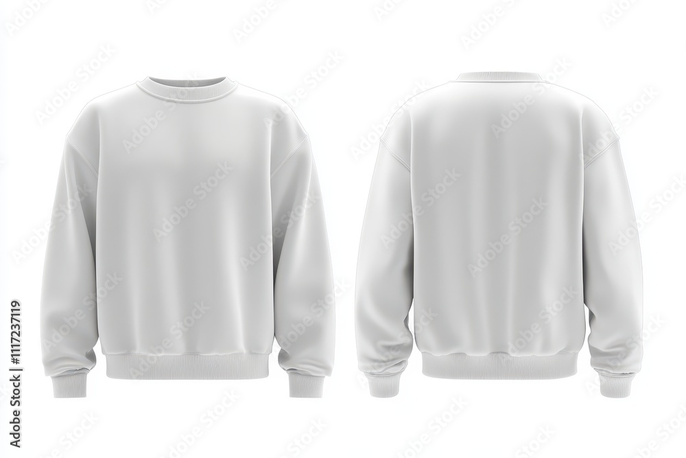 A plain white sweatshirt displayed from the front and back, showcasing its design and style. A plain white sweatshirt displayed from the front and back, showcasing its design and style.