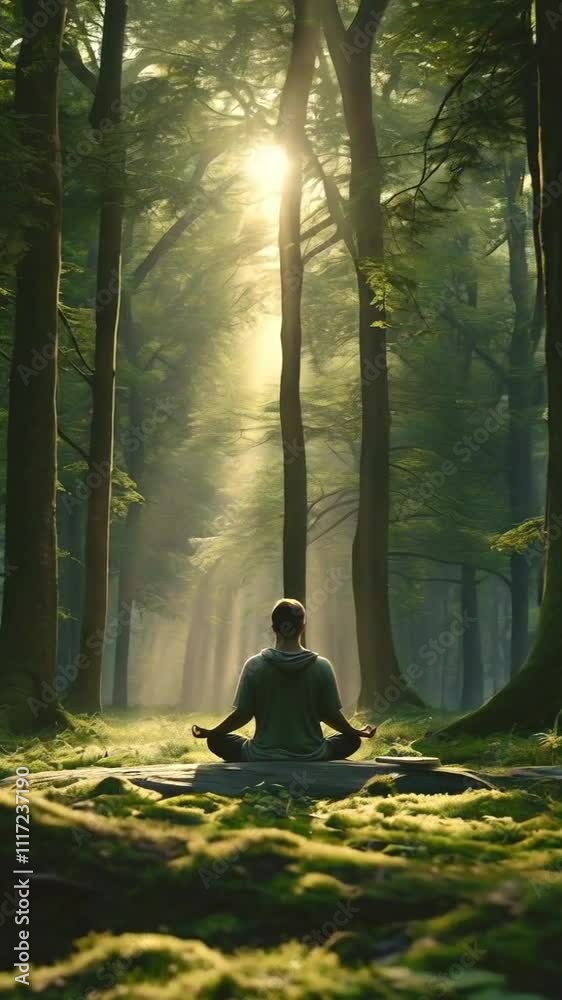 A person meditating in a serene forest, illuminated by soft sunlight filtering through trees. A person meditating in a serene forest, illuminated by soft sunlight filtering through trees.