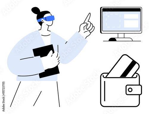 Person wearing VR headset pointing at computer screen while holding a tablet wallet with credit card nearby. Ideal for virtual reality, technology, finance, education, e-commerce, digital