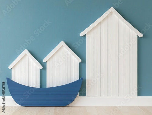 Nauticalthemed playroom with boatshaped storage units, oceanblue walls, and beachinspired decor, evoking a sense of adventure photo