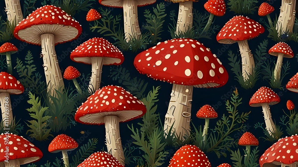Seamless illustration with red fly agarics Generative AI Seamless illustration with red fly agarics Generative AI