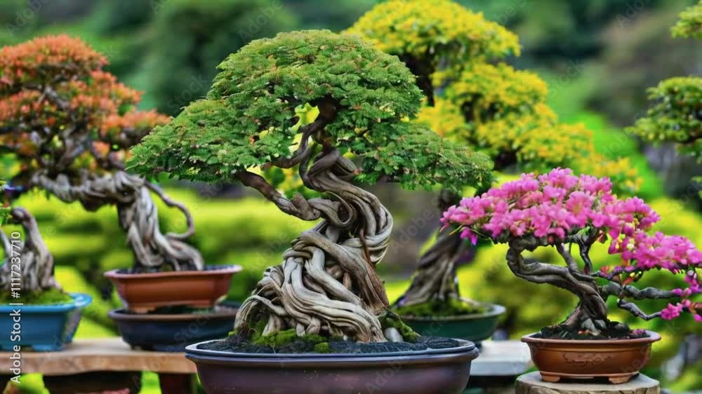 A collection of beautifully styled bonsai trees in decorative pots. A collection of beautifully styled bonsai trees in decorative pots.
