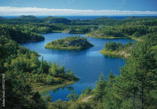 Scenic View of Tranquil Lake Surrounded by Lush Green Forests and Rolling Hills Under a Clear Blue Sky