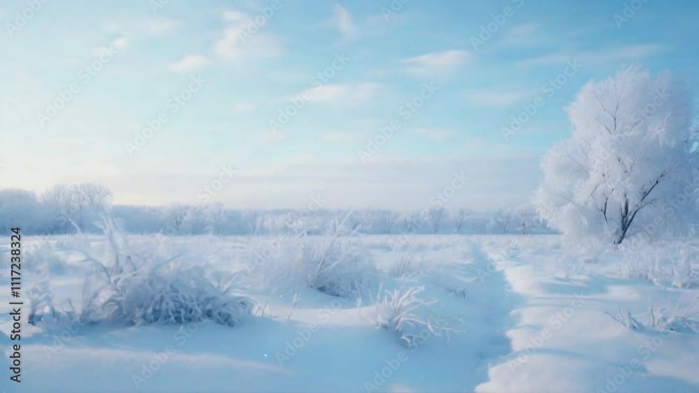 A serene winter landscape with snow-covered ground and frosted trees under a blue sky. A serene winter landscape with snow-covered ground and frosted trees under a blue sky.