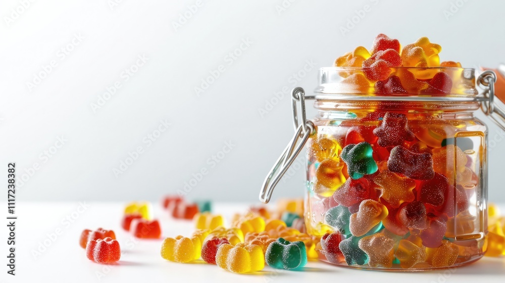 Fototapeta premium Bright jar filled with tiny, colorful gummy bears on a white transparent background