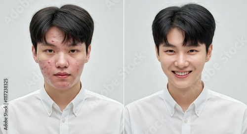 Obraz na płótnie Skin transformation of young asian male with acne treatment comparison w salonie