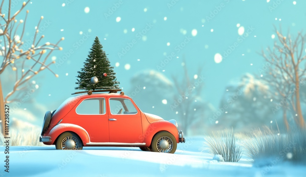A cute red car with a Christmas tree on the roof A cute red car with a Christmas tree on the roof