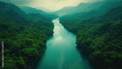 Serene Aerial View of a Lush Green River Flowing Through Majestic Mountains Under a Mystical Foggy Sky in a Tropical Landscape