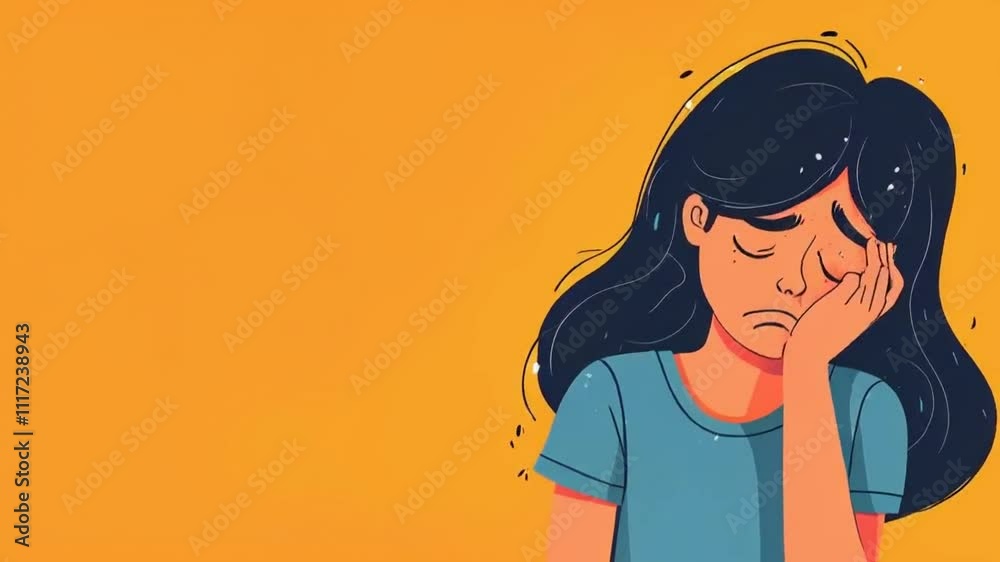 A sad girl with long hair, looking down against a bright orange background.