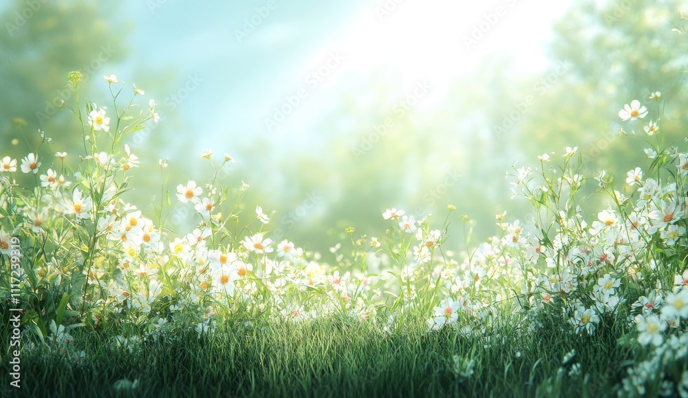 Obraz premium Serene Green Field with Delicate White Flowers Under Soft Morning Light Creating a Peaceful and Refreshing Nature Scene in a Dreamy Atmosphere
