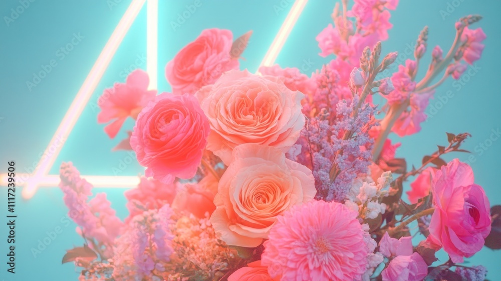 A vibrant floral arrangement with neon accents, creating a lively and artistic atmosphere. A vibrant floral arrangement with neon accents, creating a lively and artistic atmosphere.