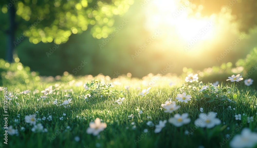 Obraz premium Serene Meadow with Sunlight Illuminating Wildflowers and Vibrant Green Grass in a Tranquil Natural Setting at Sunrise or Sunset