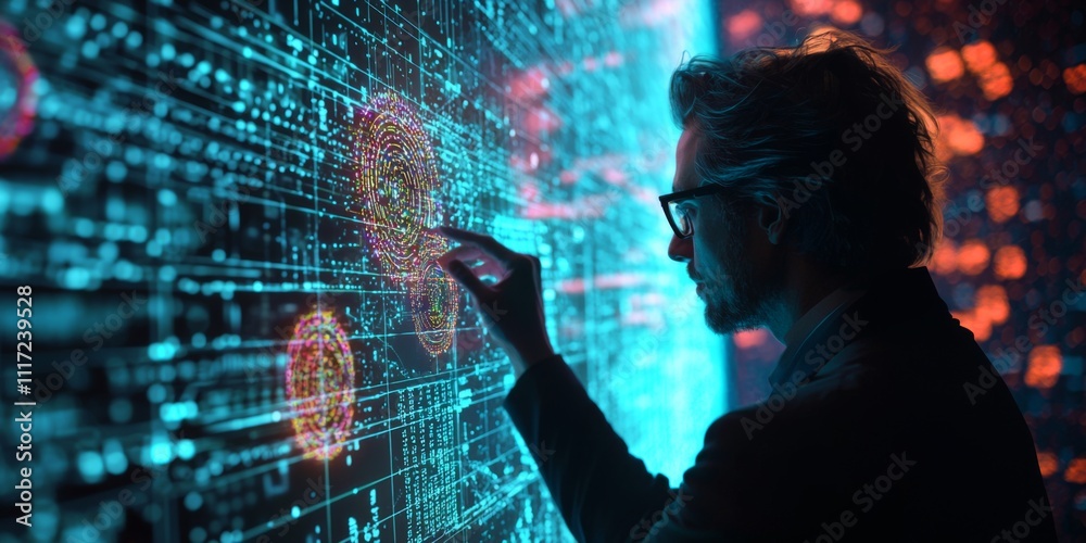 Blockchain Data Analysis Tech Professional Examining Holographic Interface Blockchain Data Analysis Tech Professional Examining Holographic Interface