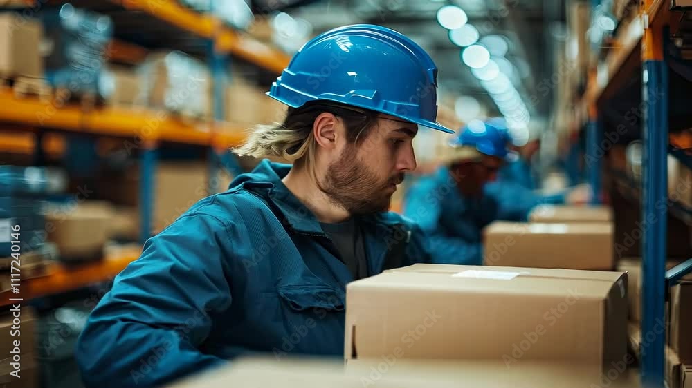 Warehouse worker organizing boxes in industrial setting Warehouse worker organizing boxes in industrial setting