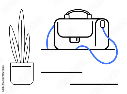 Potted plant next to a briefcase on a desk with a blue strap. Ideal for workspace setup, productivity, business, organizational tools, office decor, professional lifestyle, and time management