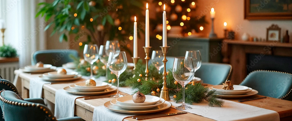 Table set for Christmas dinner with with a variety of plates, glasses, and candles. Scene is warm and festive Table set for Christmas dinner with with a variety of plates, glasses, and candles. Scene is warm and festive