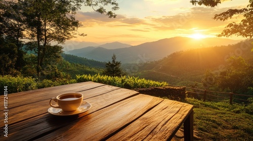 Advertising - testimonial photo of create an ai image capturing the charm of a traditional tea shop in munnar, constructed with wooden planks, set against the backdrop of a picturesque sunset.