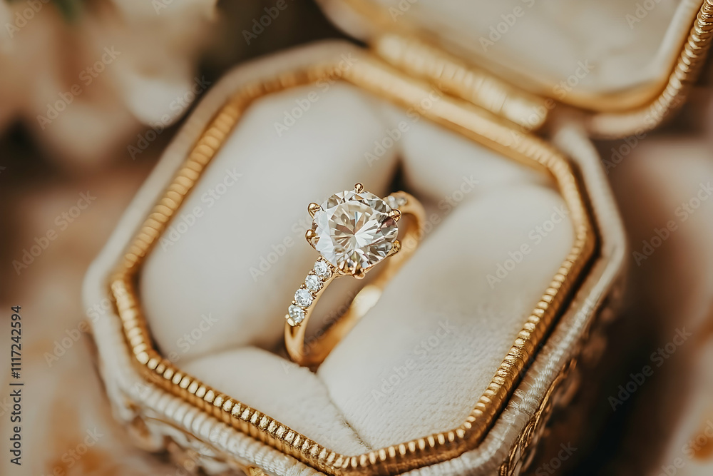 Close-up of a solitaire diamond engagement ring in a gold box. Close-up of a solitaire diamond engagement ring in a gold box.