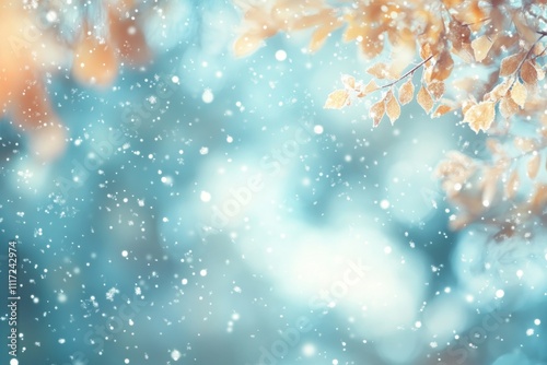 Stunning winter scene with softly falling snowflakes against a blurred forest and blue sky photo