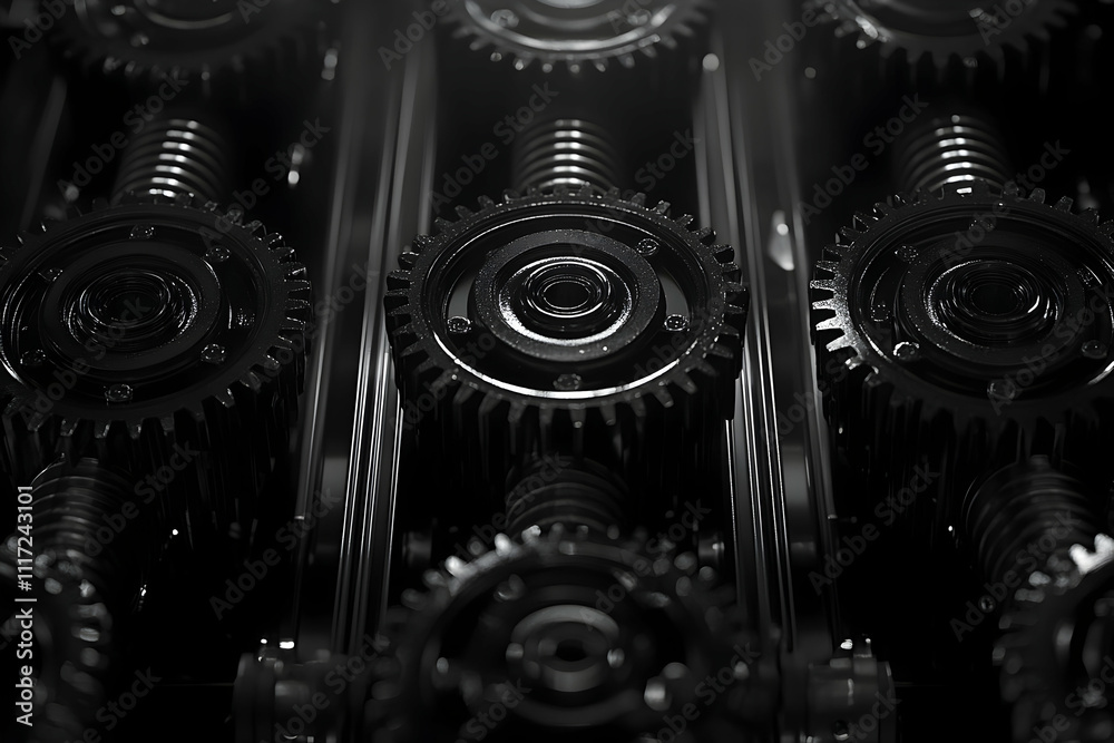 Close-up of black metal gears and screws in a machine.