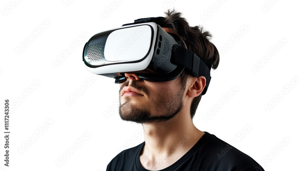 Immersive virtual reality experience with headset on man Immersive virtual reality experience with headset on man