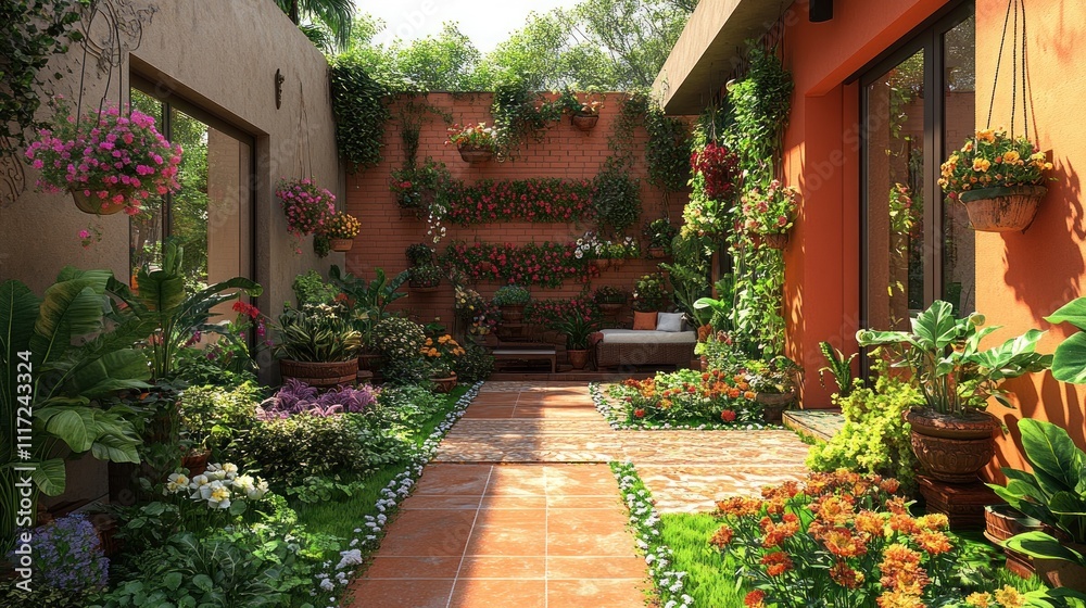 Fototapeta premium Sunlit patio garden with terracotta path, colorful flowers in pots and hanging baskets, lush greenery against orange walls.