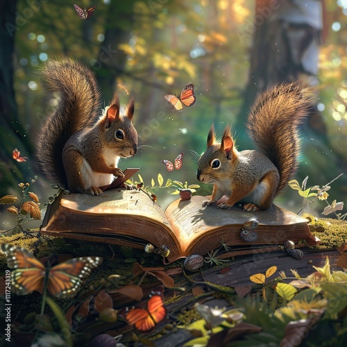 Two squirrels reading an open book in a forest.