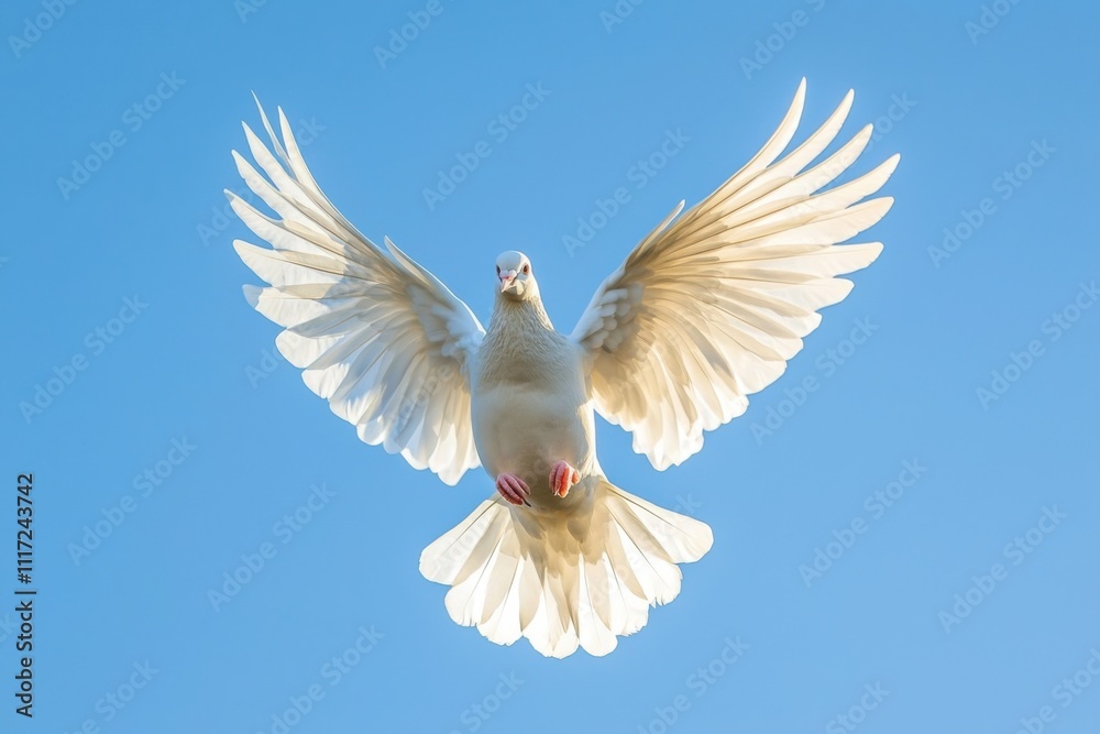 White dove flying with spread wings against blue sky. White dove flying with spread wings against blue sky.