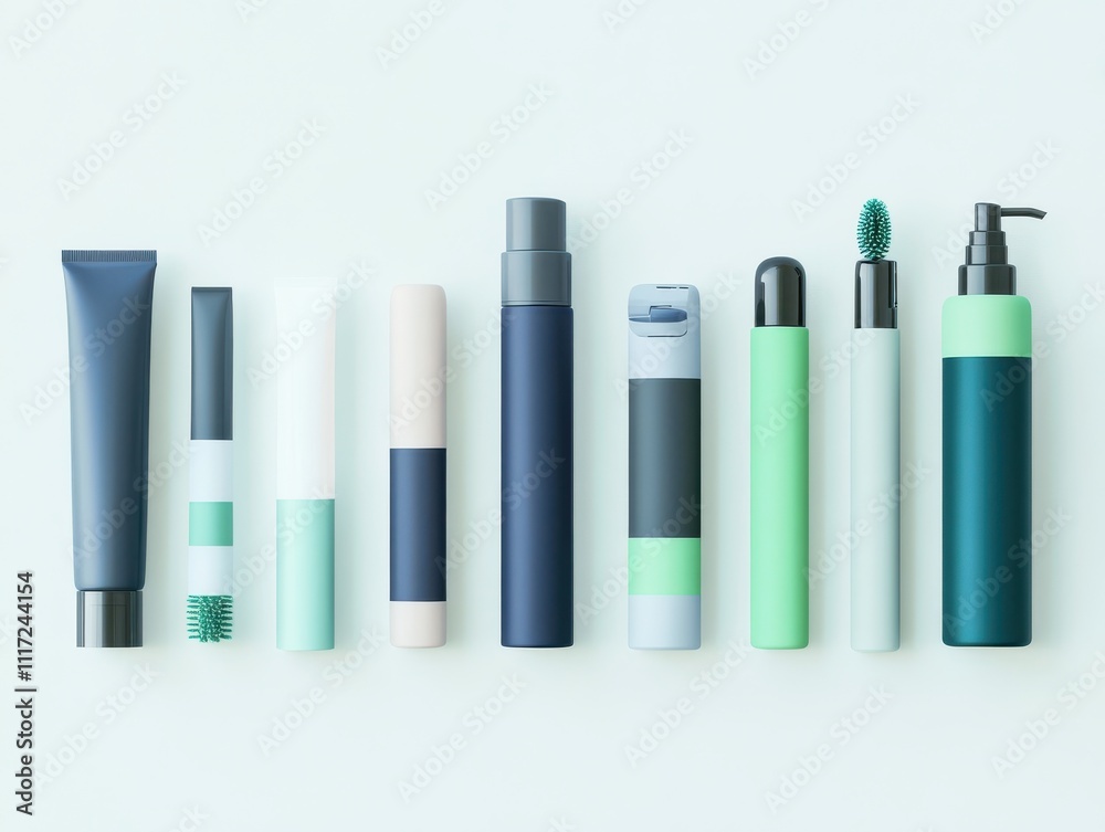 Fototapeta premium Stylish Collection of Cosmetic Packaging in Trendy Colors on Soft Background, Featuring Various Tubes, Pumps, and Bottles for Beauty and Skincare Products