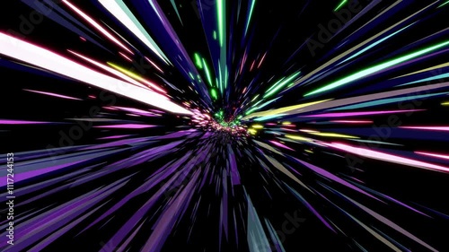 放射状に広がる虹色の輝く太い光跡、宇宙のバースト、高速ワープ旅行エフェクト、SFモーションの背景