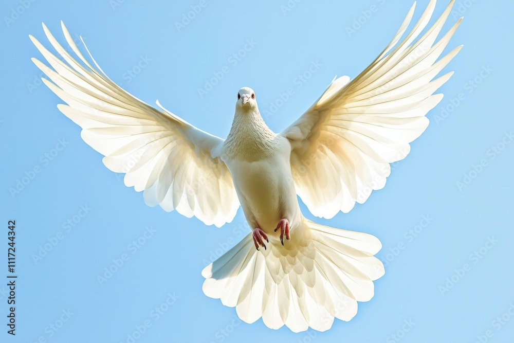 White dove soaring with outstretched wings against a clear blue sky. White dove soaring with outstretched wings against a clear blue sky.
