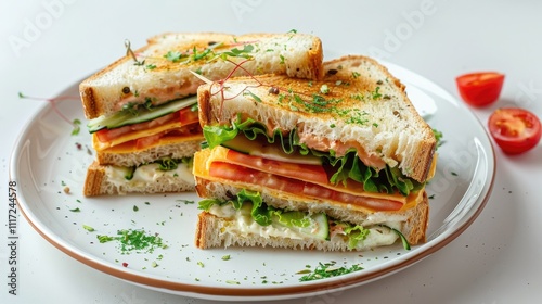 Delicious club sandwich on a white plate on a white table against a white background