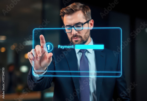 Advanced Payment Confirmation System: Holographic Button Analysis By Businessman