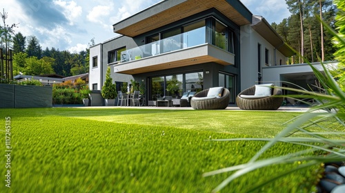 Elegant lawn setting showcasing modern chairs and a fashionable table in front of a charming residential home, with well-kept grass and landscaping photo