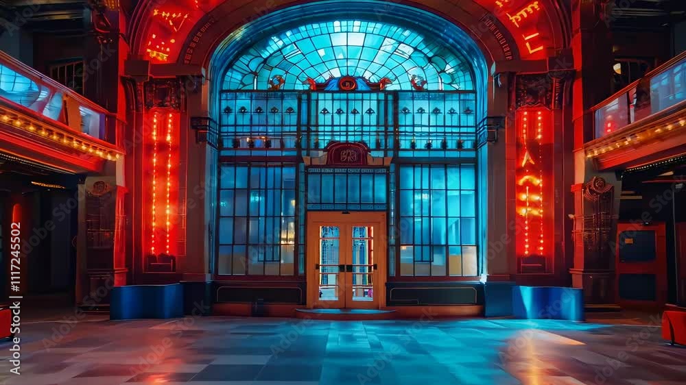 Vibrant interior of a historic building with neon lights