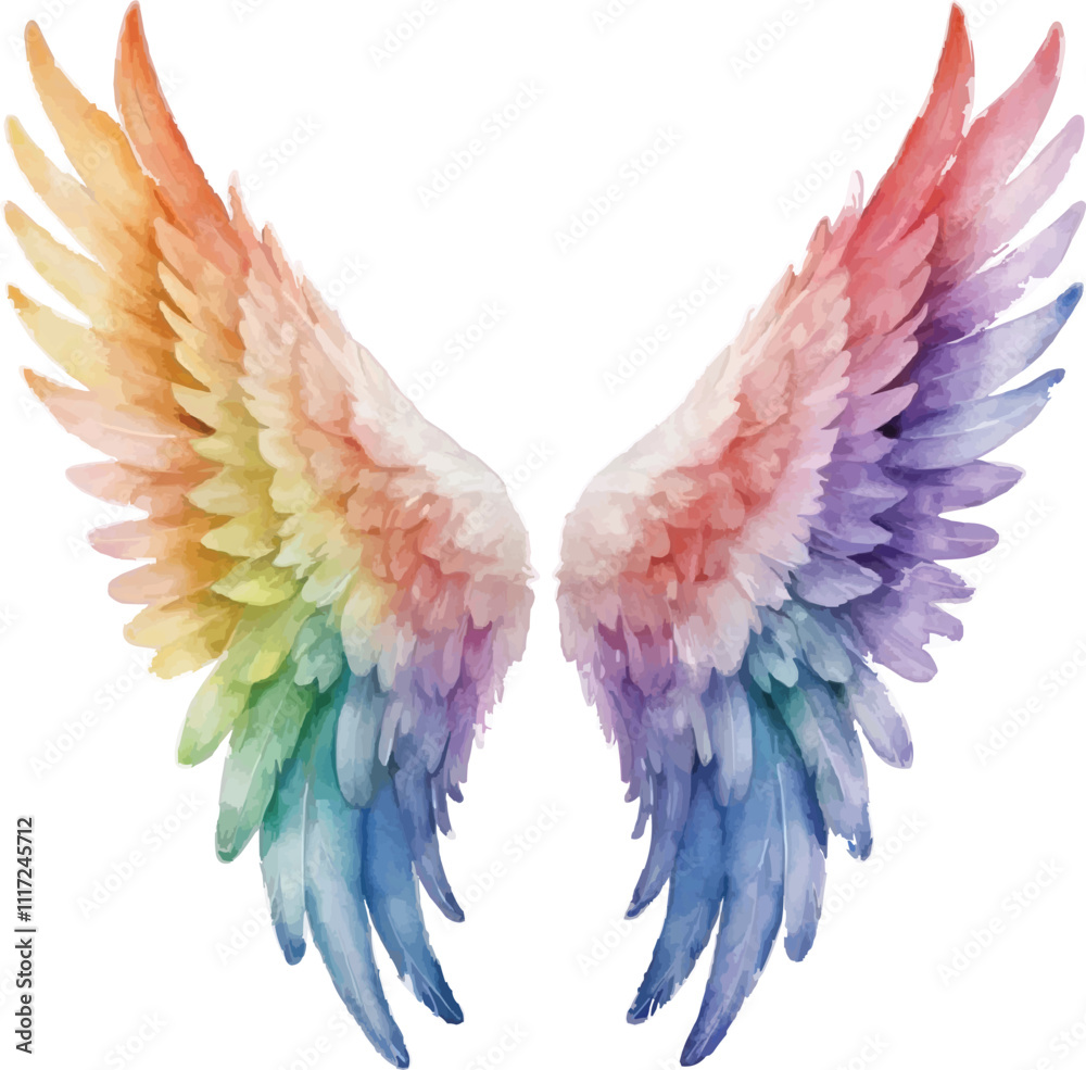 Fototapeta premium Rainbow Angel Wings Watercolor Illustration – Vibrant Wings Art Isolated on White Background