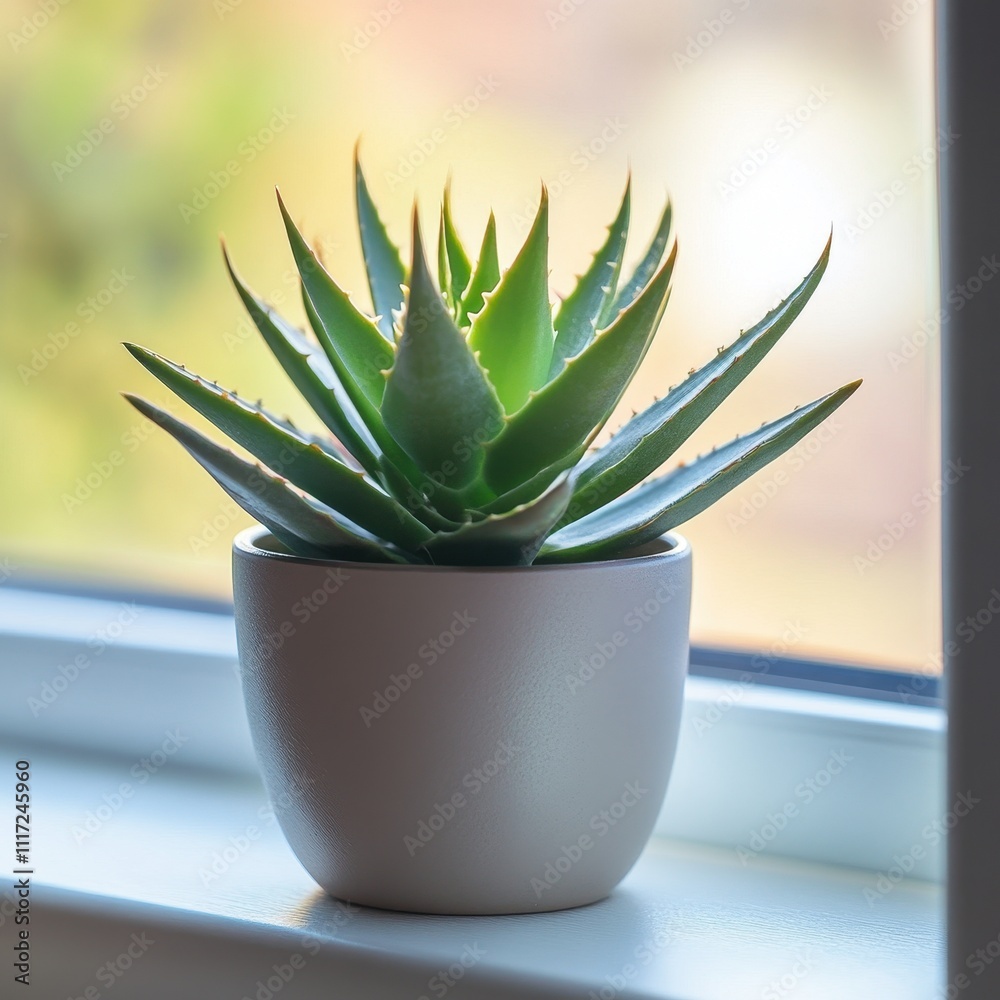 Fototapeta premium Decorative Potted Succulent Plant Windowsill Indoor Setting Home Decor Bright Natural Light Aesthetic Greenery Concept
