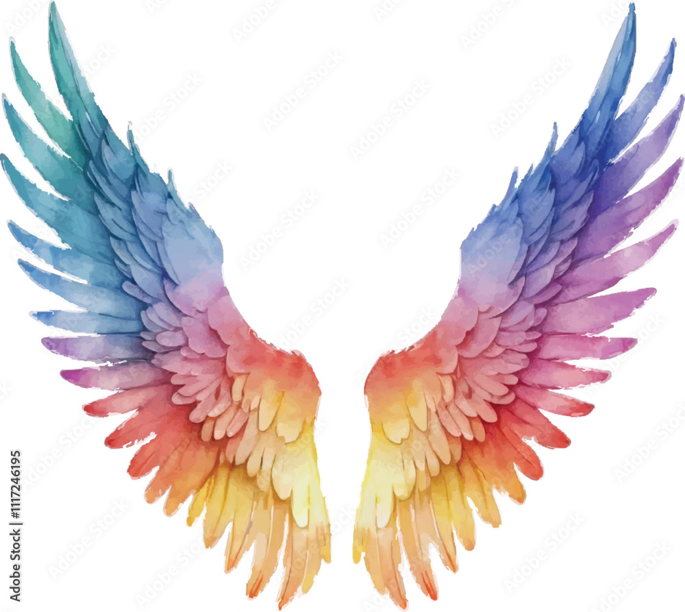 Fototapeta premium Rainbow Angel Wings Watercolor Illustration – Vibrant and Ethereal Art Isolated on White Background