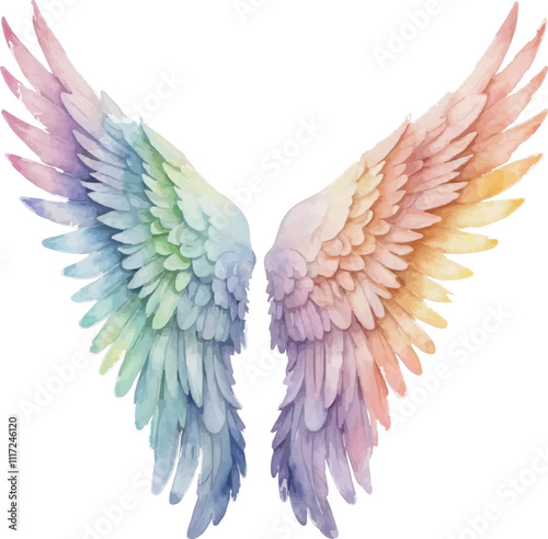 Rainbow Angel Wings Watercolor Illustration – Vibrant and Ethereal Art Isolated on White Background