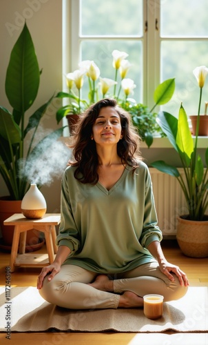 Indian Woman Meditating Indoors Surrounded by Natural Plants and Light