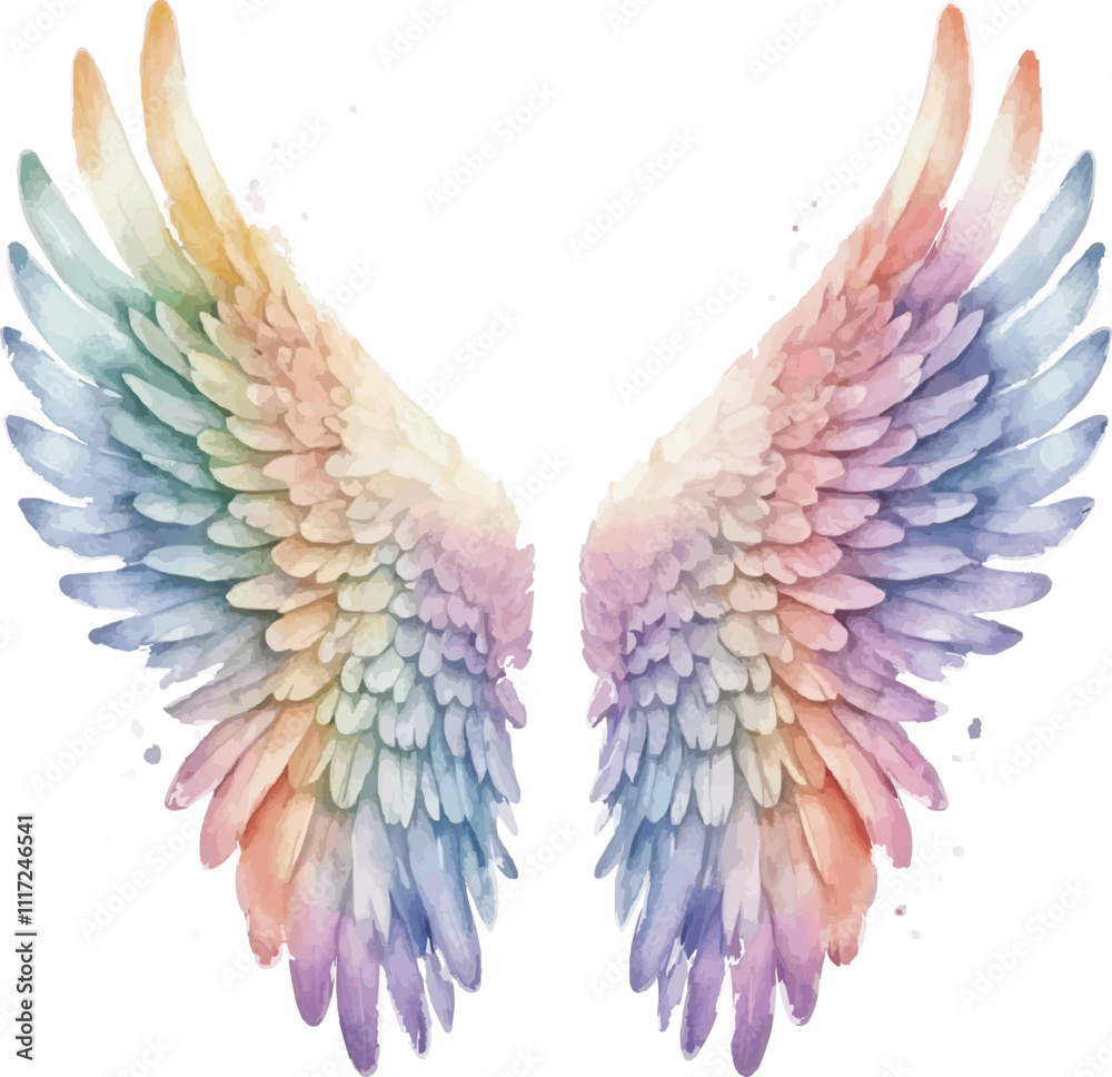 Fototapeta premium Rainbow Angel Wings Watercolor Illustration - Vibrant, Ethereal Design on White Background