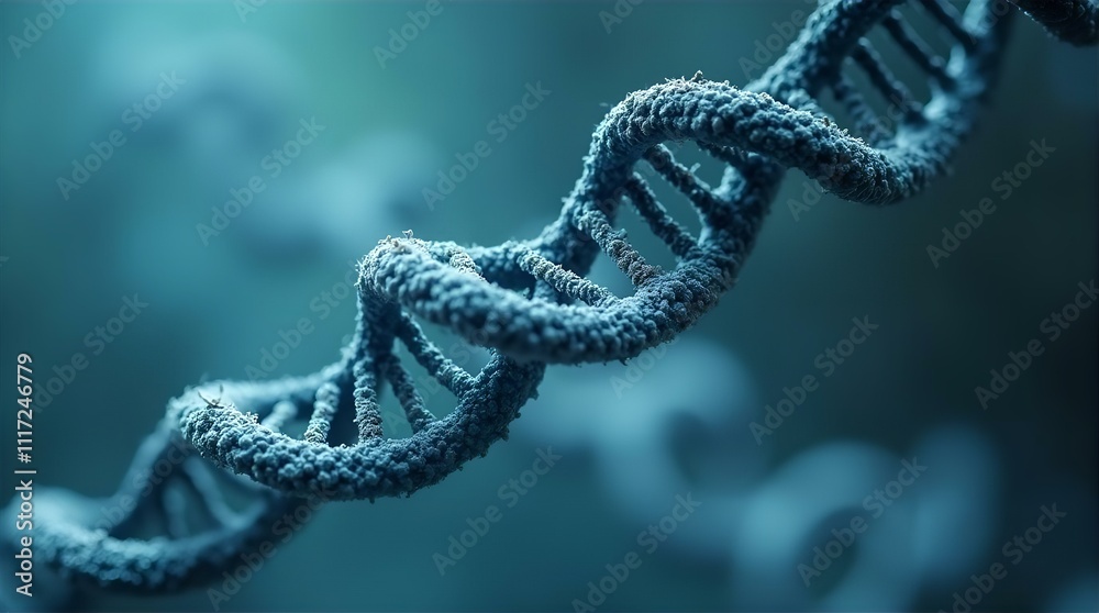 Microscopic View of a Dusty, Textured DNA Double Helix, Close-Up, Dark Teal Background, Shallow Depth of Field Microscopic View of a Dusty, Textured DNA Double Helix, Close-Up, Dark Teal Background, Shallow Depth of Field
