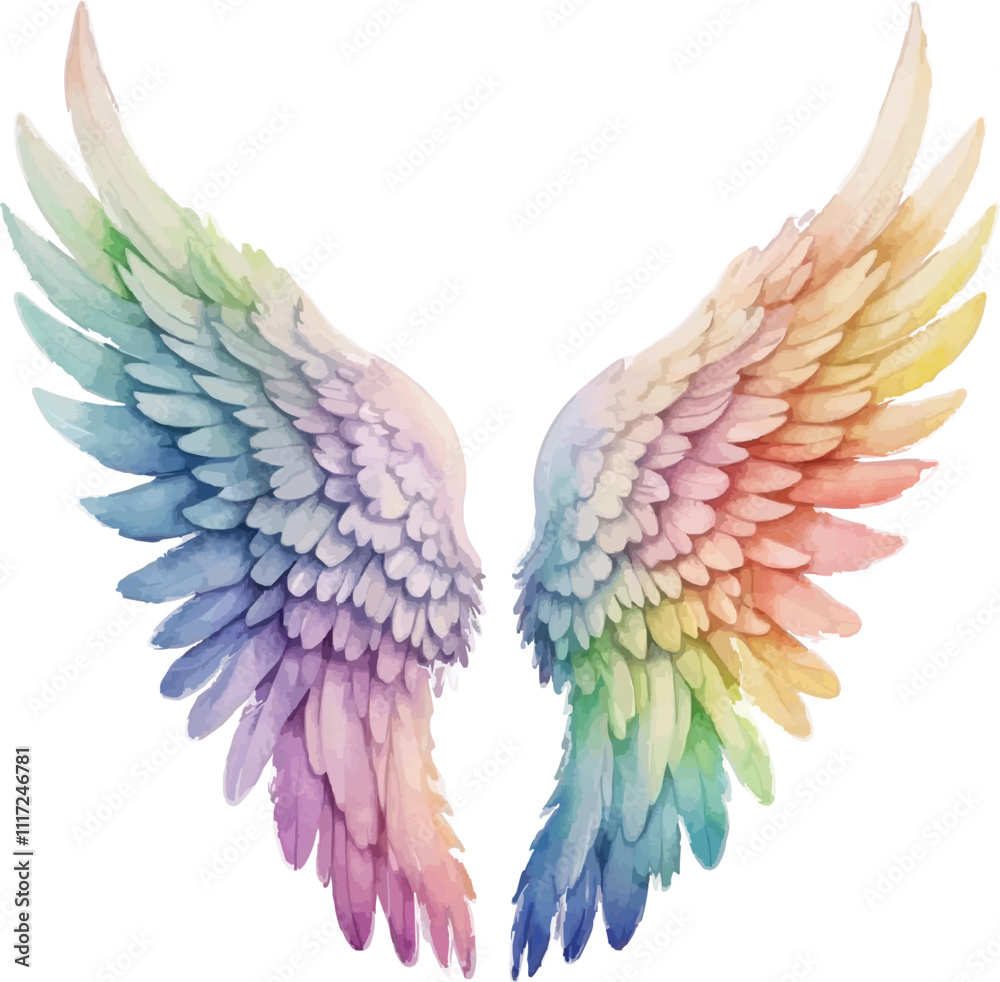 Fototapeta premium Rainbow Angel Wings Watercolor Illustration - Vibrant, Ethereal Design on White Background