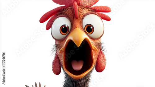 Funny shocked chicken with big eyes on white background cartoon style