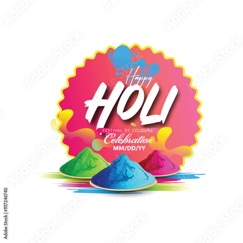 Holi Festival Celebration, A bright, colorful illustration of the Holi festival featuring vibrant powder piles and an explosive paint splash, embodying celebration, joy, and cultural festivity.